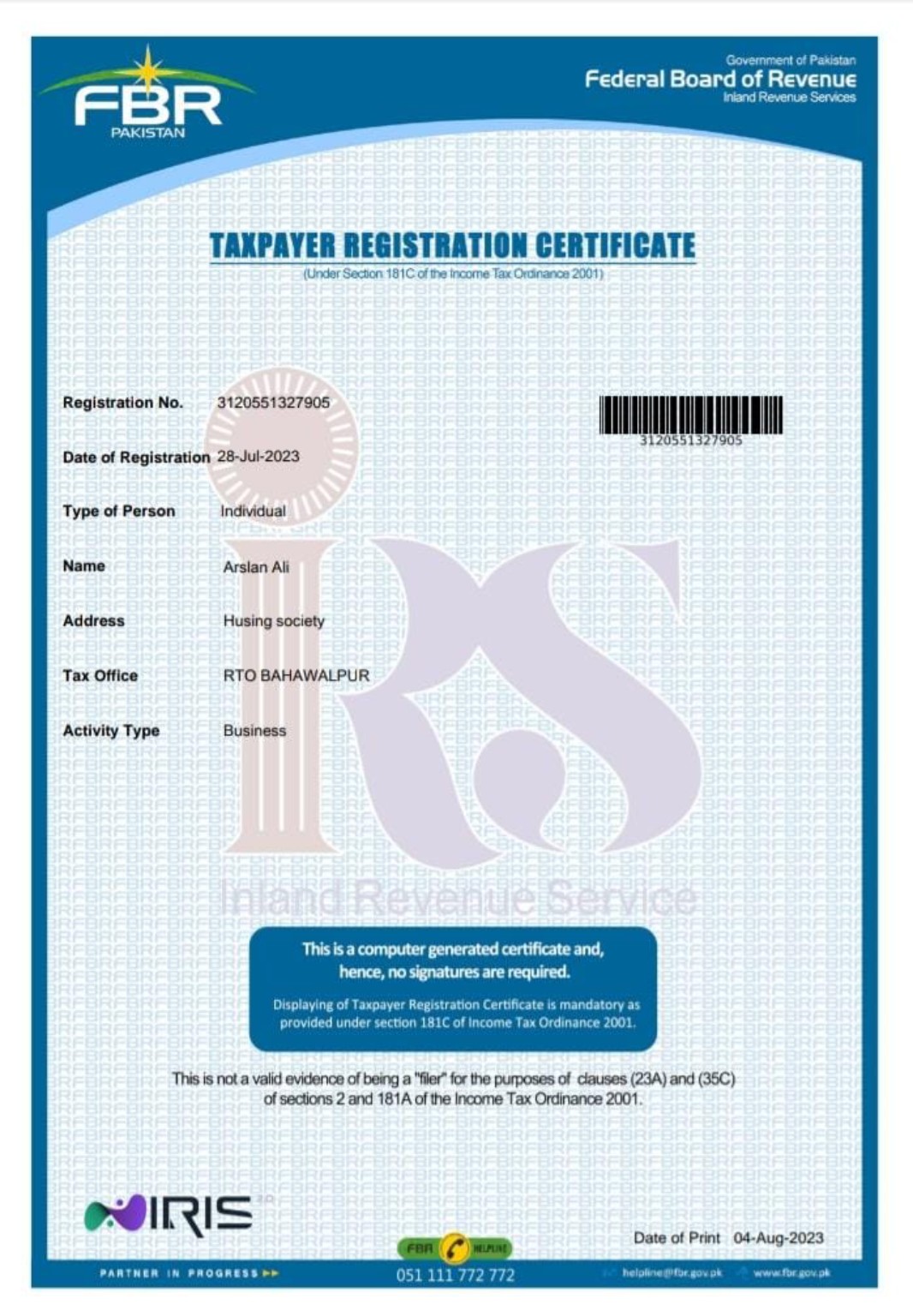 Supplied FBR taxpayer registration certificate